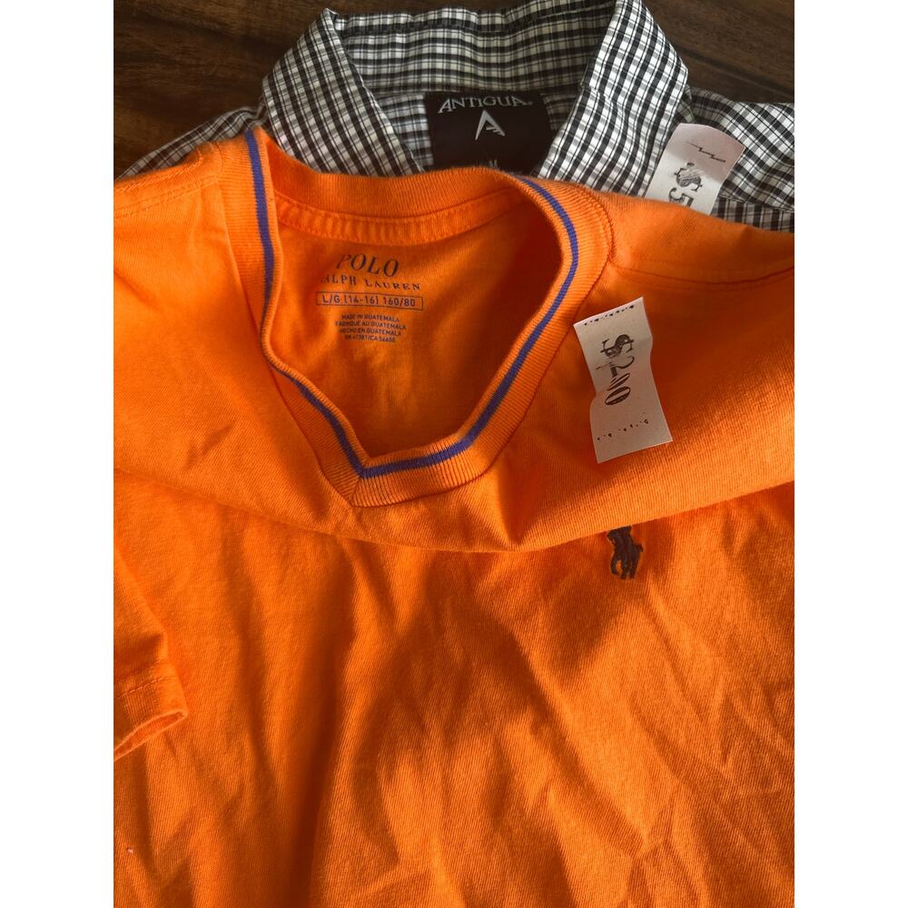 Polo Ralph Lauren Boys Large 14-16 Orange V Neck Pony Logo T Shirt Cotton